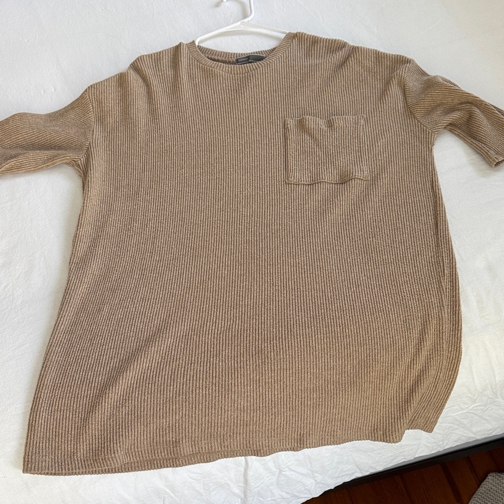 Tan Ribbed T-Shirt Dress with Pocket
